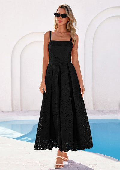 PRETTYGARDEN Womens Sleeveless Maxi Summer Dresses Hollow Out Eyelet Square Neck Ruffle Flowy Beach Vacation Sundress PRETTYGARDEN