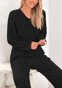 PRETTYGARDEN Women's 2 Piece Lounge Sets Ribbed Knit Long Sleeve V Neck Pullover Tops Wide Leg Pants Spring Fall Outfits