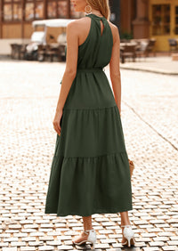 PRETTYGARDEN Women's Summer Floral Maxi Sun Dress Sleeveless Halter Neck Flowy Ruffle Hem Long Boho Dresses with Belt