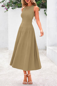 Women's Summer Midi Dresses 2025 Sleeveless Crewneck Knit A Line Pleated Swing Wedding Guest Casual Tank Dress