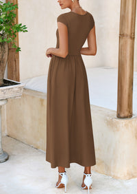 PRETTYGARDEN Women's Casual Long Dresses Cap Sleeve Patchwork A Line Flowy Modest Elegant Homecoming Maxi Dress