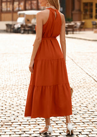 PRETTYGARDEN Women's Summer Floral Maxi Sun Dress Sleeveless Halter Neck Flowy Ruffle Hem Long Boho Dresses with Belt