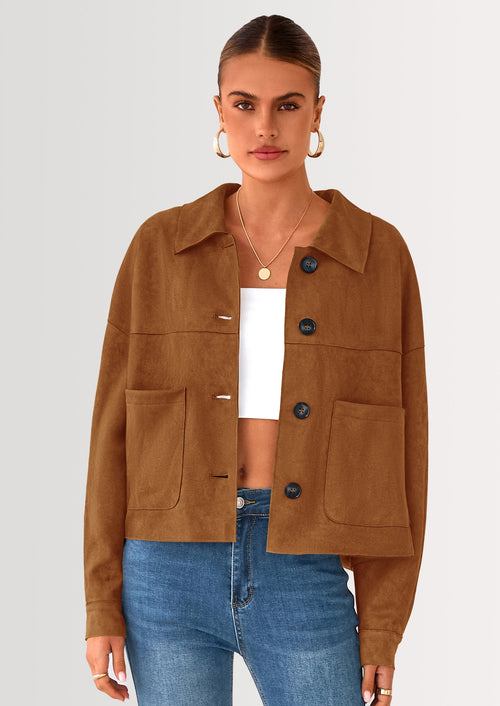 PRETTYGARDEN Women's Faux Suede Cropped Jacket Casual Lightweight Fall Fashion Winter Coats Outerwear Trendy Clothes PRETTYGARDEN