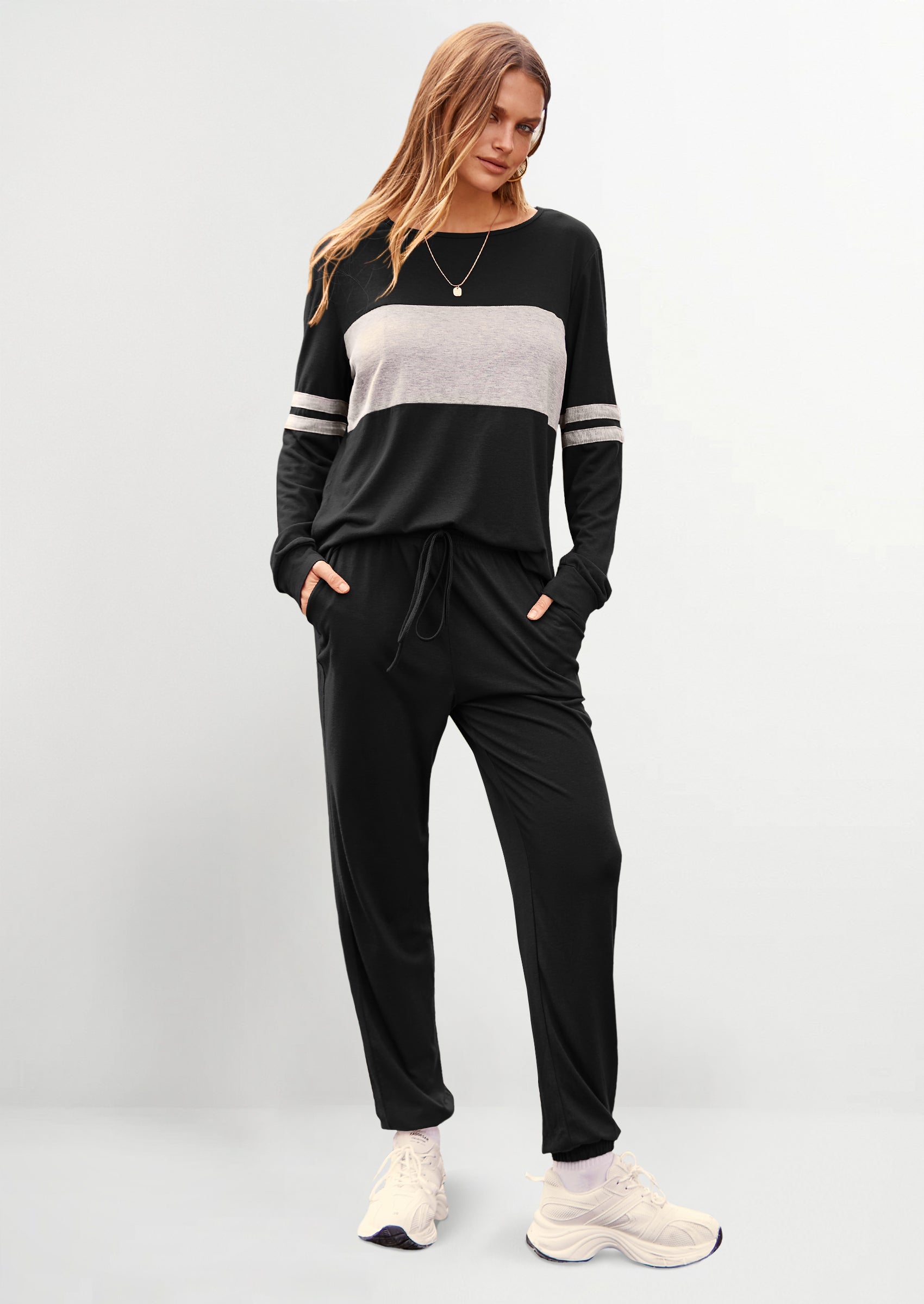PRETTYGARDEN Women's Color Block 2 Piece Spring Tracksuit Crewneck Long Sleeve Tops Long Sweatpants Outfits Lounge Sets