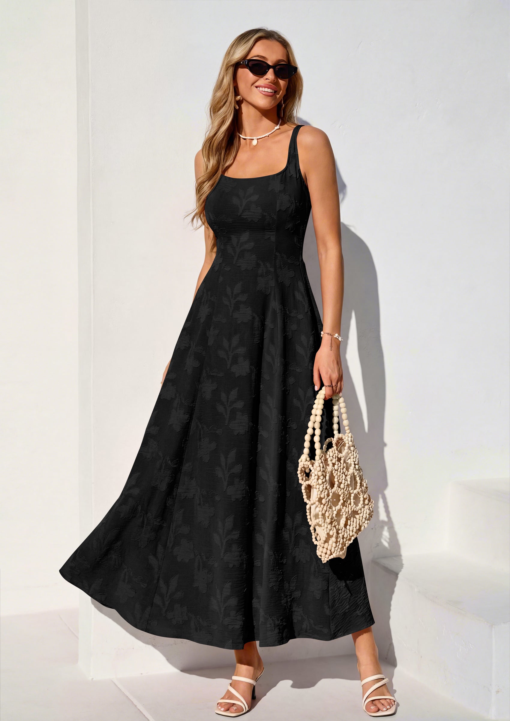 PRETTYGARDEN Womens Summer Maxi Dresses Casual Sleeveless Square Neck Jacquard Flowy Wedding Guest Beach Boho Long Dress