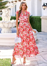 PRETTYGARDEN Womens Summer Maxi Dress V Neck Ruffle Sleeve A Line Floral Cocktail Dresses for Women Beach Vacation Outfits