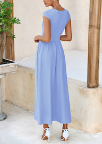 PRETTYGARDEN Women's Casual Long Dresses Cap Sleeve Patchwork A Line Flowy Modest Elegant Homecoming Maxi Dress