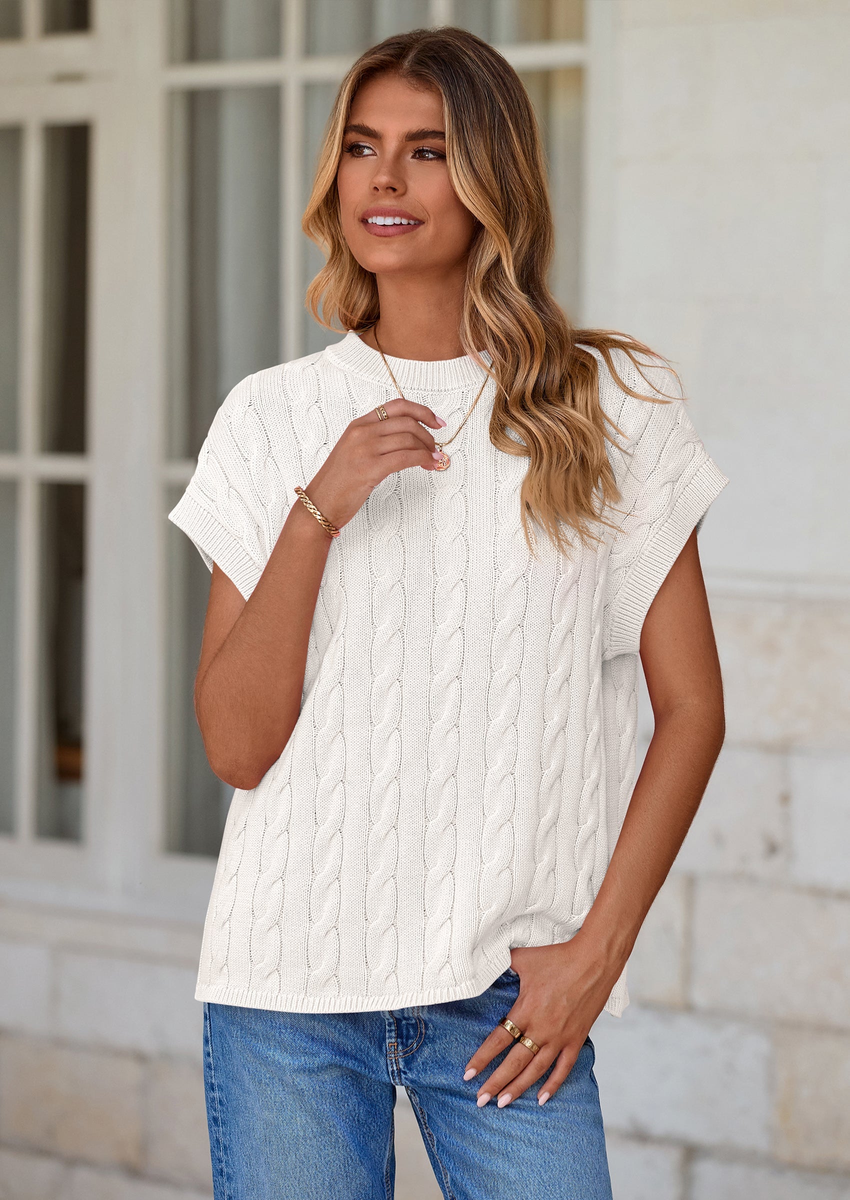 PRETTYGARDEN Women's Sweater Vest Summer Short Sleeve Tops Casual Crewneck Knit Oversized Pullover Trendy Spring Outfits PRETTYGARDEN