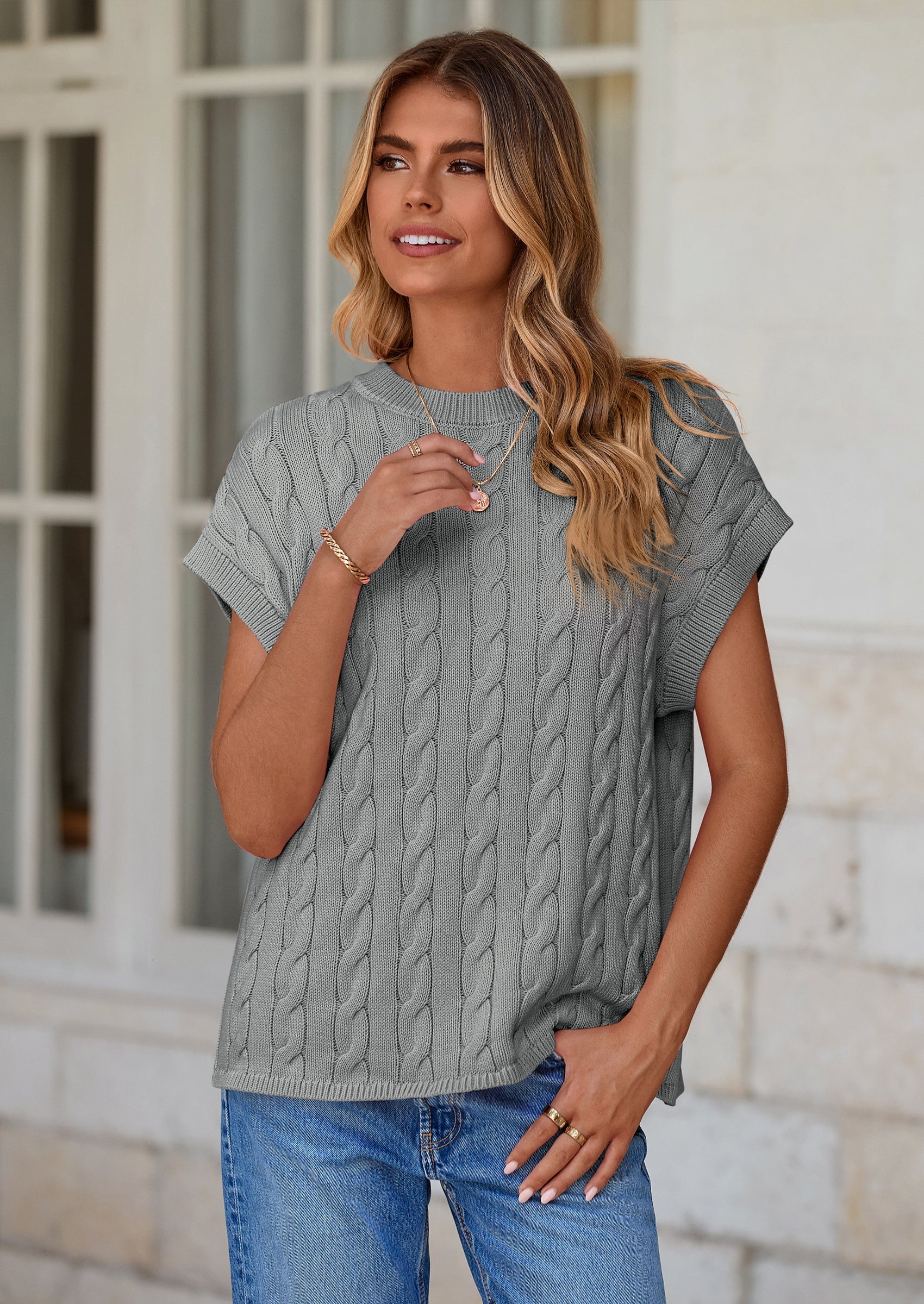 PRETTYGARDEN Women's Sweater Vest Summer Short Sleeve Tops Casual Crewneck Knit Oversized Pullover Trendy Spring Outfits PRETTYGARDEN