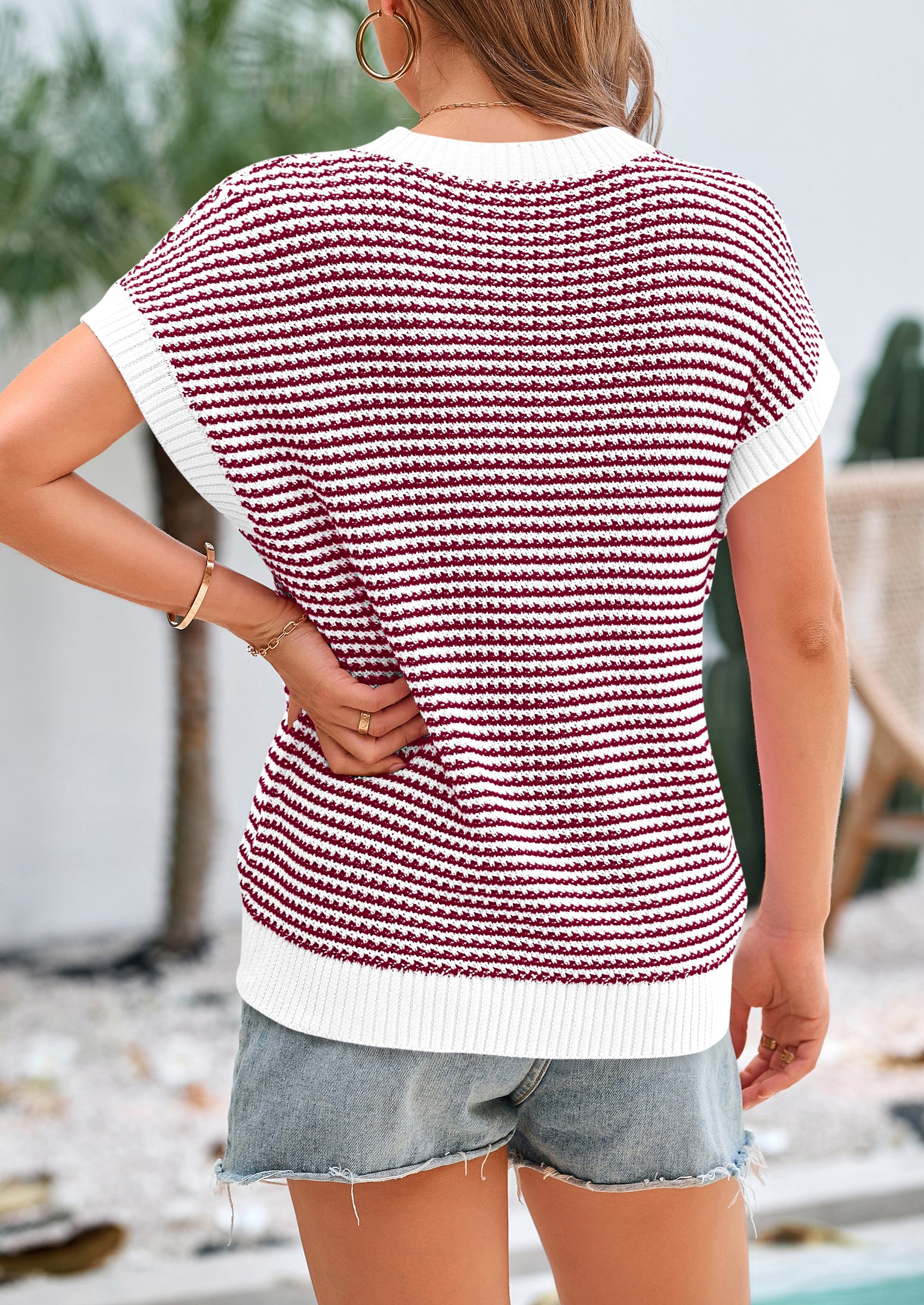 PRETTYGARDEN Womens Short Sleeve Sweater Spring Summer Round Neck Striped Pullover Cap Sleeve Knit Sweater Vest Tops