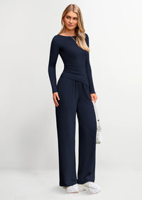 PRETTYGARDEN Women's 2 Piece Lounge Sets Asymmetrical Long Sleeve T Shirt Wide Leg Pants Casual Outfits Tracksuit