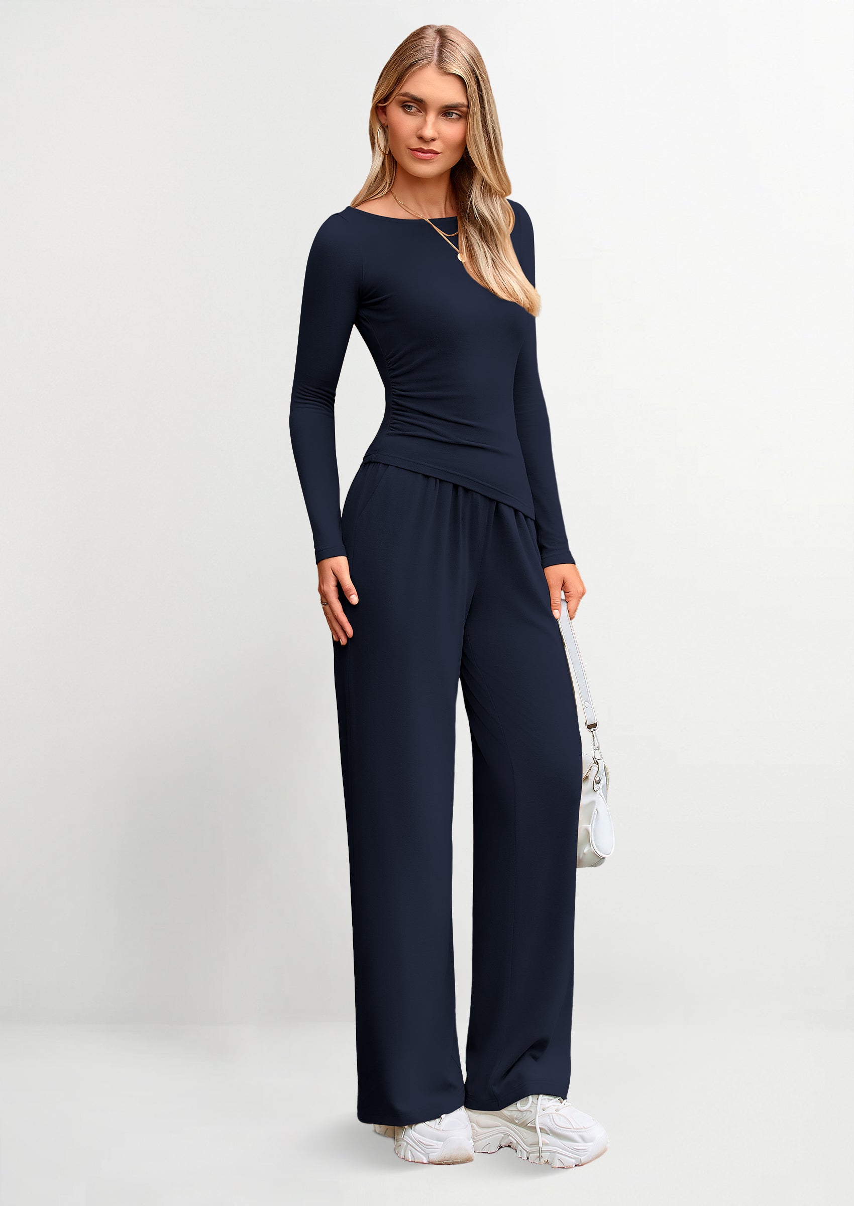 PRETTYGARDEN Women's 2 Piece Lounge Sets Asymmetrical Long Sleeve T Shirt Wide Leg Pants Casual Outfits Tracksuit