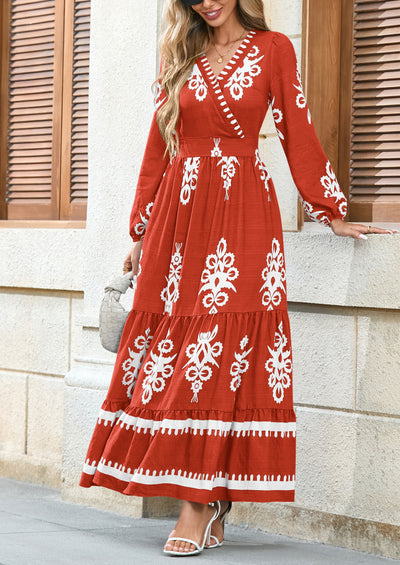 PRETTYGARDEN Women's Fall Wedding Guest Dresses Boho Floral Long Sleeve V Neck Flowy Elegant Maxi Dress Beach Clothes