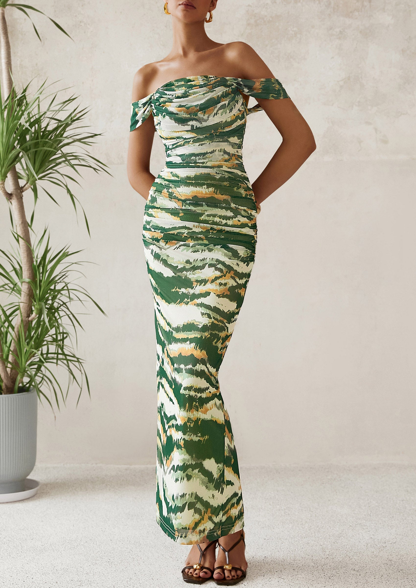 PRETTYGARDEN Maxi Dresses for Women Summer Elegant Floral Off Shoulder Ruched Mesh Cocktail Wedding Guest Dress