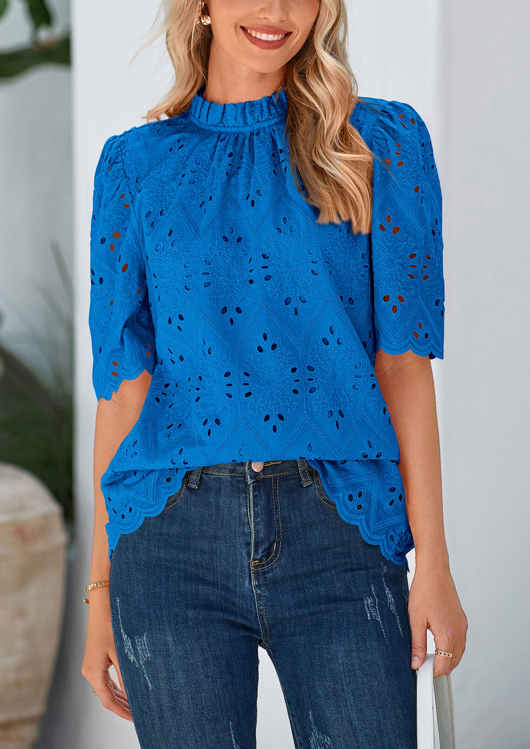 PRETTYGARDEN Womens Summer Tops Trendy Short Sleeve Eyelet Embroidered Dressy Casual Blouse Shirts