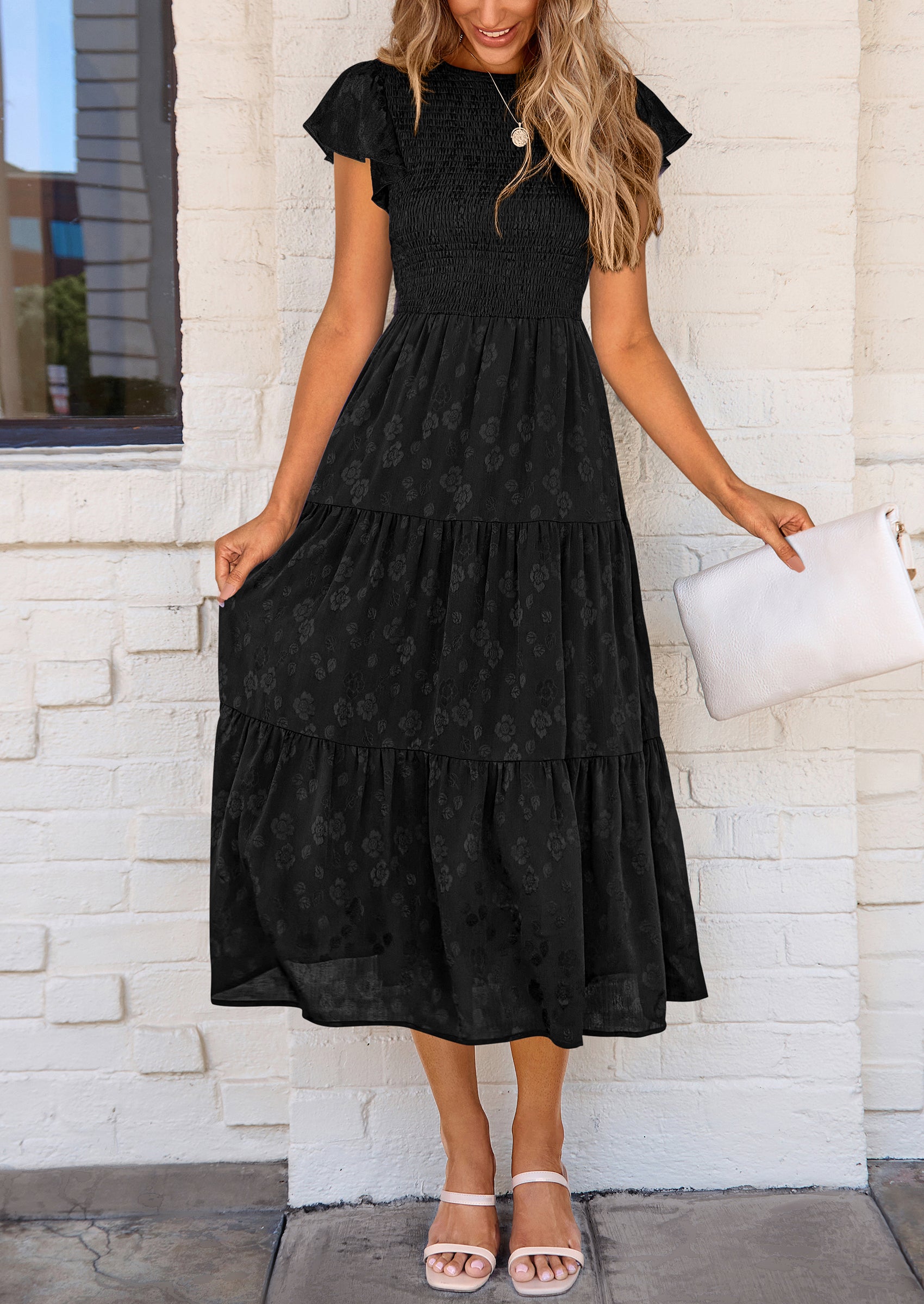 PRETTYGARDEN Midi Dress for Women Summer Floral Cap Sleeve Smocked Ruffle A Line Long Flowy Wedding Guest Dresses