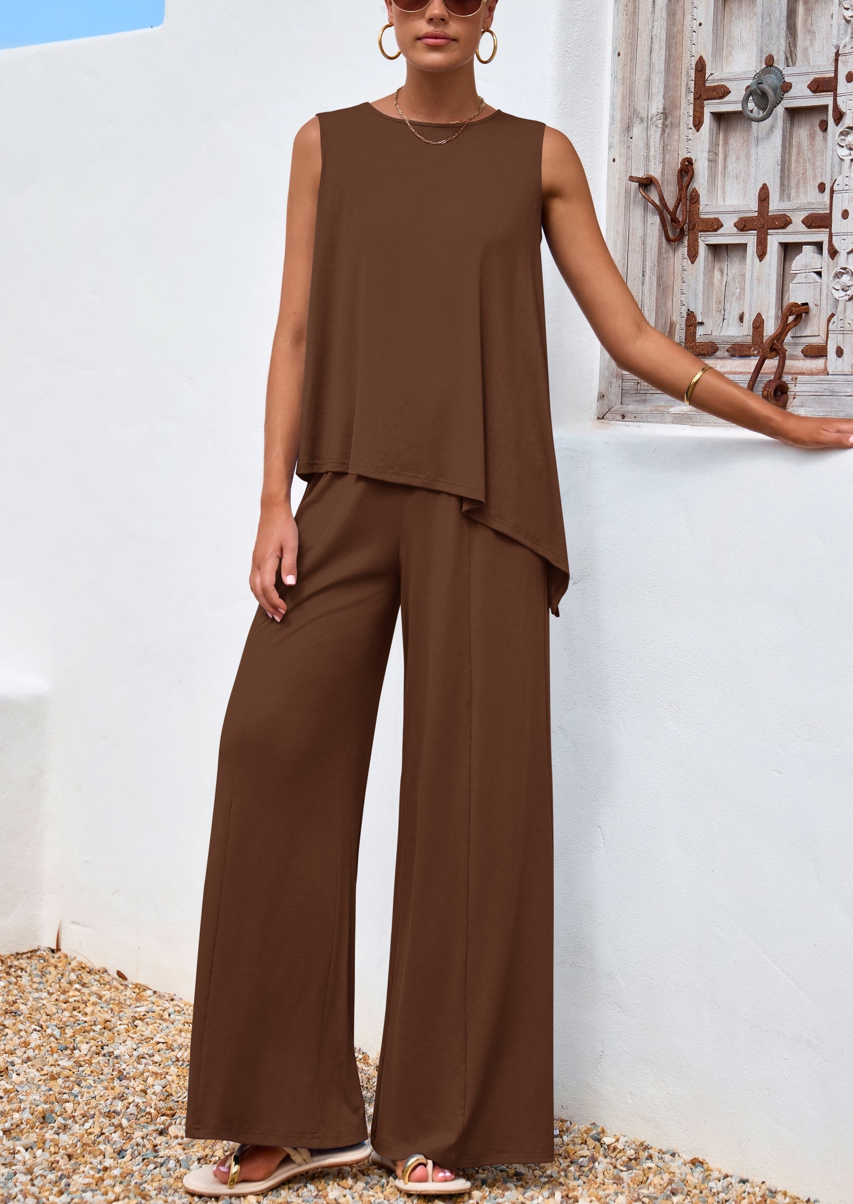 PRETTYGARDEN Women's Two Piece Matching Lounge Sets Asymmetrical Split Tank Tops Wide Leg Pants Summer Outfits Tracksuit