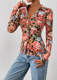 PRETTYGARDEN Women Button Down Floral Shirts Fall Trendy Long Sleeve V Neck Ruched Fitted Mesh Blouse Tops Date Outfits