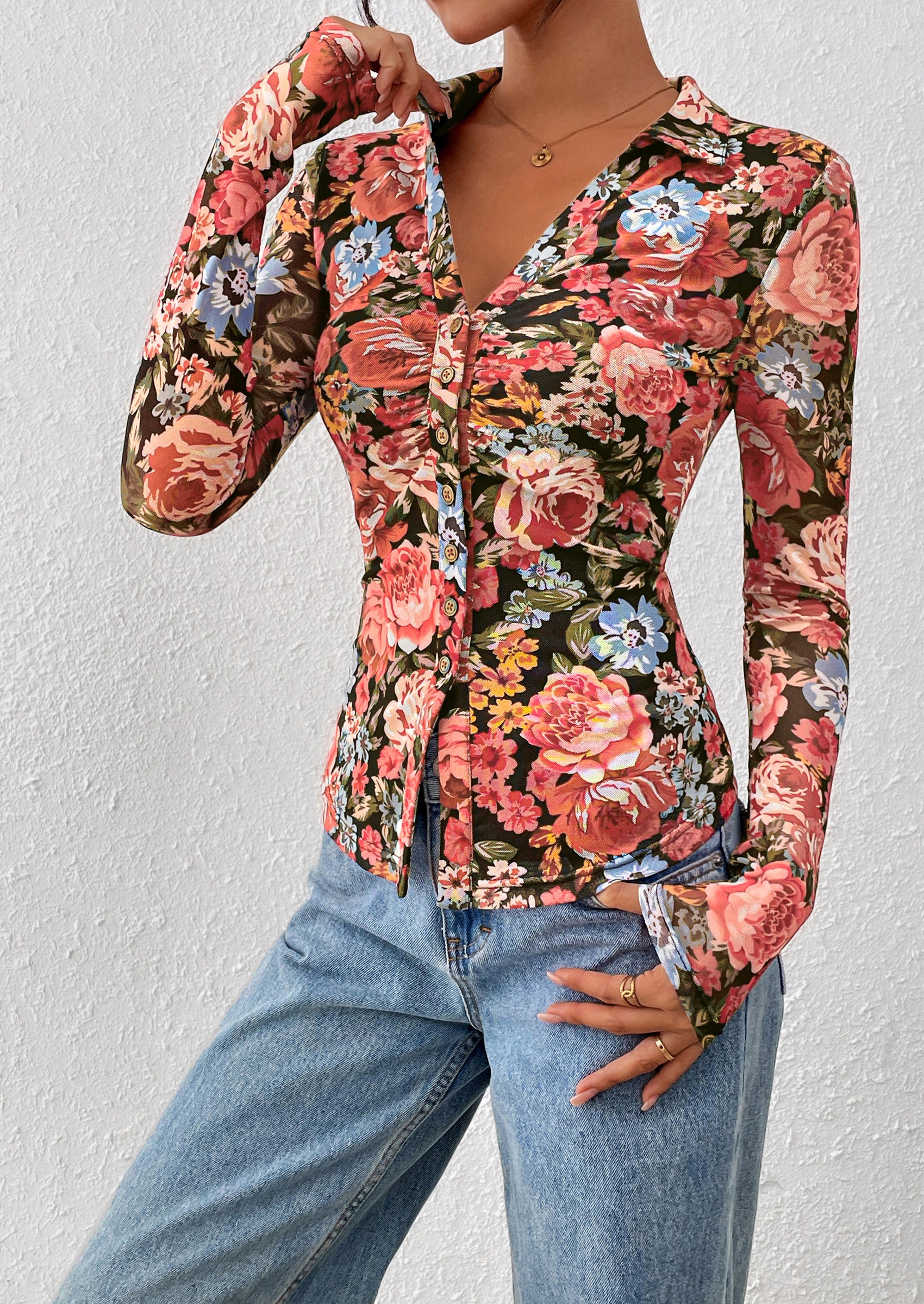 PRETTYGARDEN Women Button Down Floral Shirts Fall Trendy Long Sleeve V Neck Ruched Fitted Mesh Blouse Tops Date Outfits
