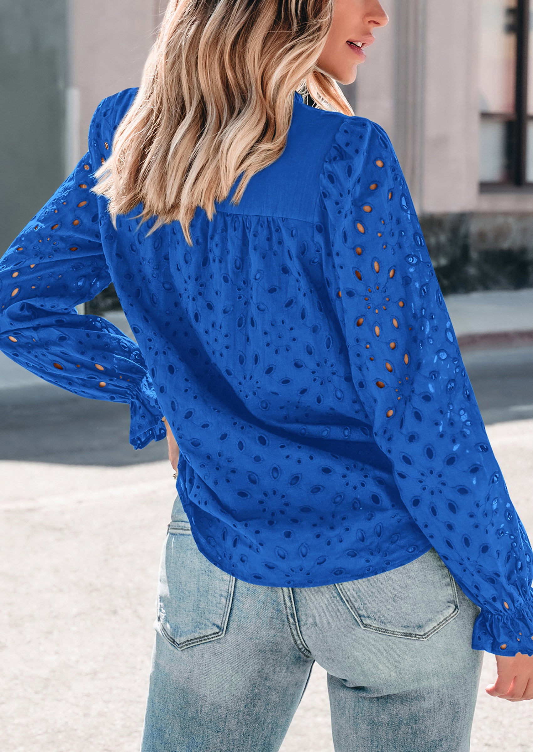 PRETTYGARDEN Women's Dressy Casual Blouse Tops Fall Spring Puff Long Sleeve Button V Neck Hollow Out Lace Embroidered Shirts