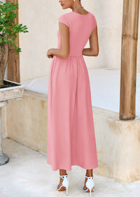 PRETTYGARDEN Women's Casual Long Dresses Cap Sleeve Patchwork A Line Flowy Modest Elegant Homecoming Maxi Dress