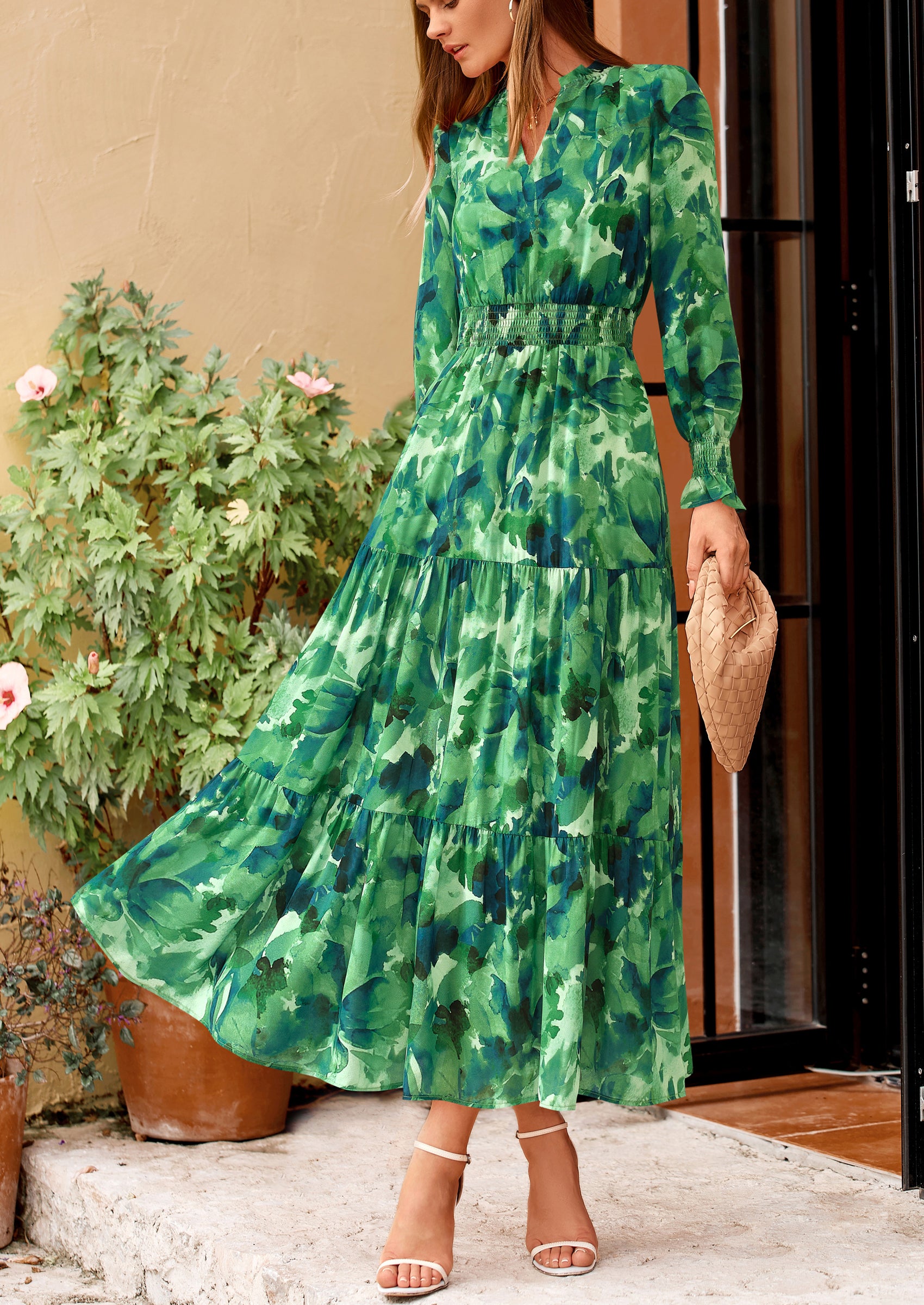 PRETTYGARDEN Women's Floral Maxi Dress Spring Long Sleeve V Neck Casual A Line Long Flowy Boho Party Dresses