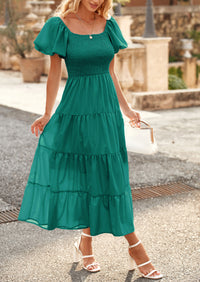 PRETTYGARDEN Women's Summer Casual Midi Dress Puffy Short Sleeve Square Neck Smocked Tiered Ruffle Dresses