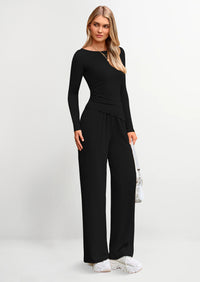 PRETTYGARDEN Women's 2 Piece Lounge Sets Asymmetrical Long Sleeve T Shirt Wide Leg Pants Casual Outfits Tracksuit