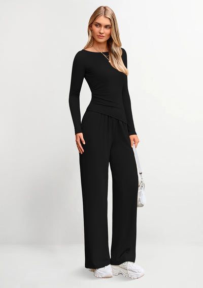 PRETTYGARDEN Women's 2 Piece Lounge Sets Asymmetrical Long Sleeve T Shirt Wide Leg Pants Casual Outfits Tracksuit