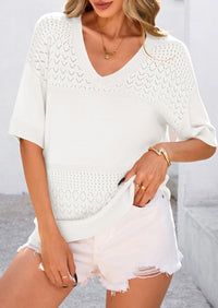 PRETTYGARDEN Women's Short Sleeve Sweater Tops Spring Summer Casual V Neck Ribbed Knit Trendy Eyelet Blouse T Shirts