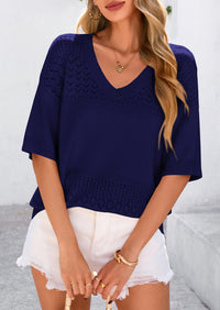 PRETTYGARDEN Women's Short Sleeve Sweater Tops Spring Summer Casual V Neck Ribbed Knit Trendy Eyelet Blouse T Shirts