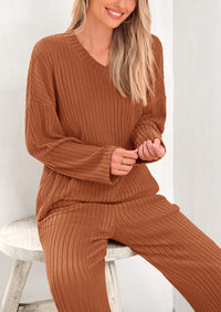 PRETTYGARDEN Women's 2 Piece Lounge Sets Ribbed Knit Long Sleeve V Neck Pullover Tops Wide Leg Pants Spring Fall Outfits