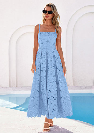 PRETTYGARDEN Womens Sleeveless Maxi Summer Dresses Hollow Out Eyelet Square Neck Ruffle Flowy Beach Vacation Sundress PRETTYGARDEN