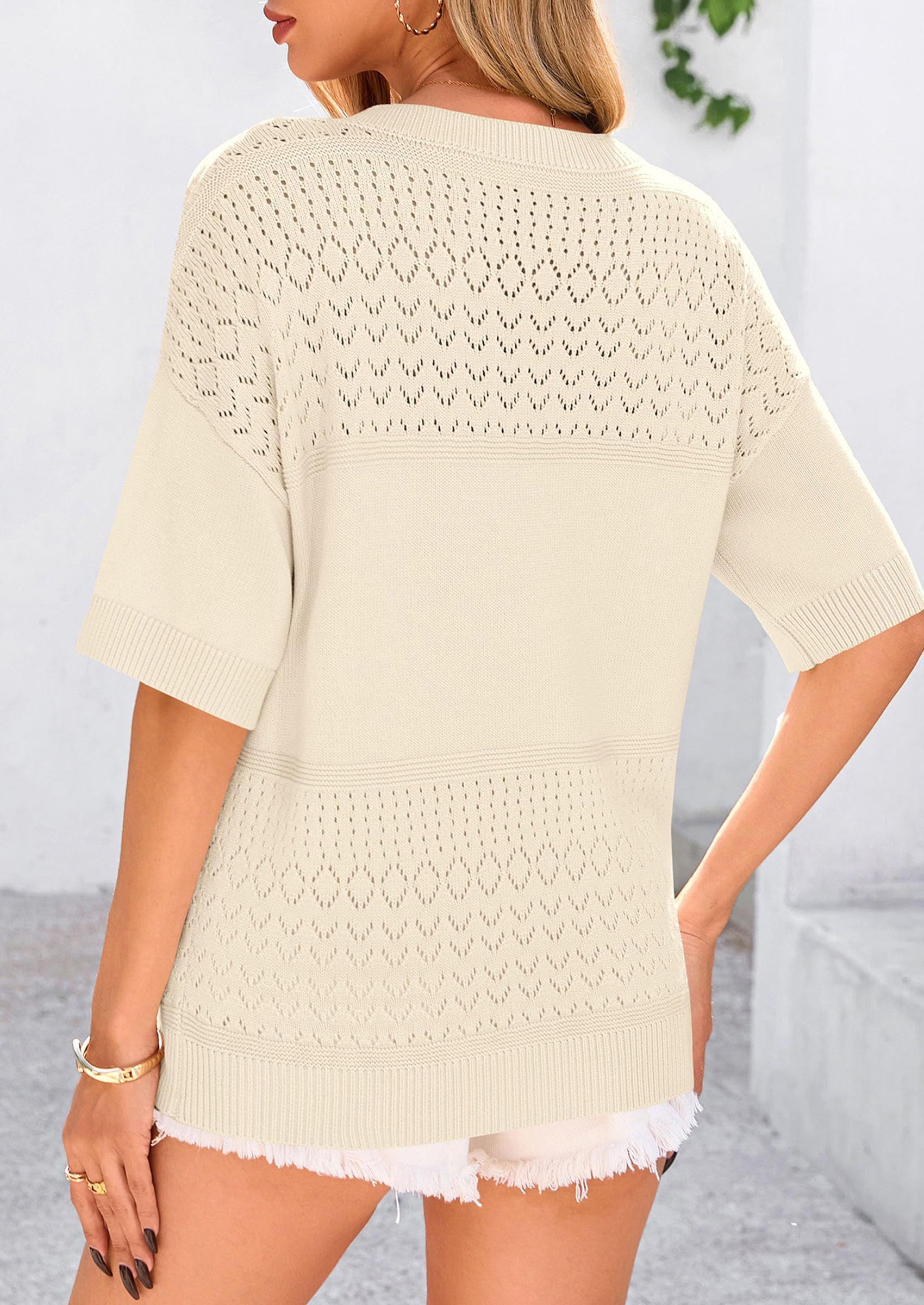 PRETTYGARDEN Women's Short Sleeve Sweater Tops Spring Summer Casual V Neck Ribbed Knit Trendy Eyelet Blouse T Shirts