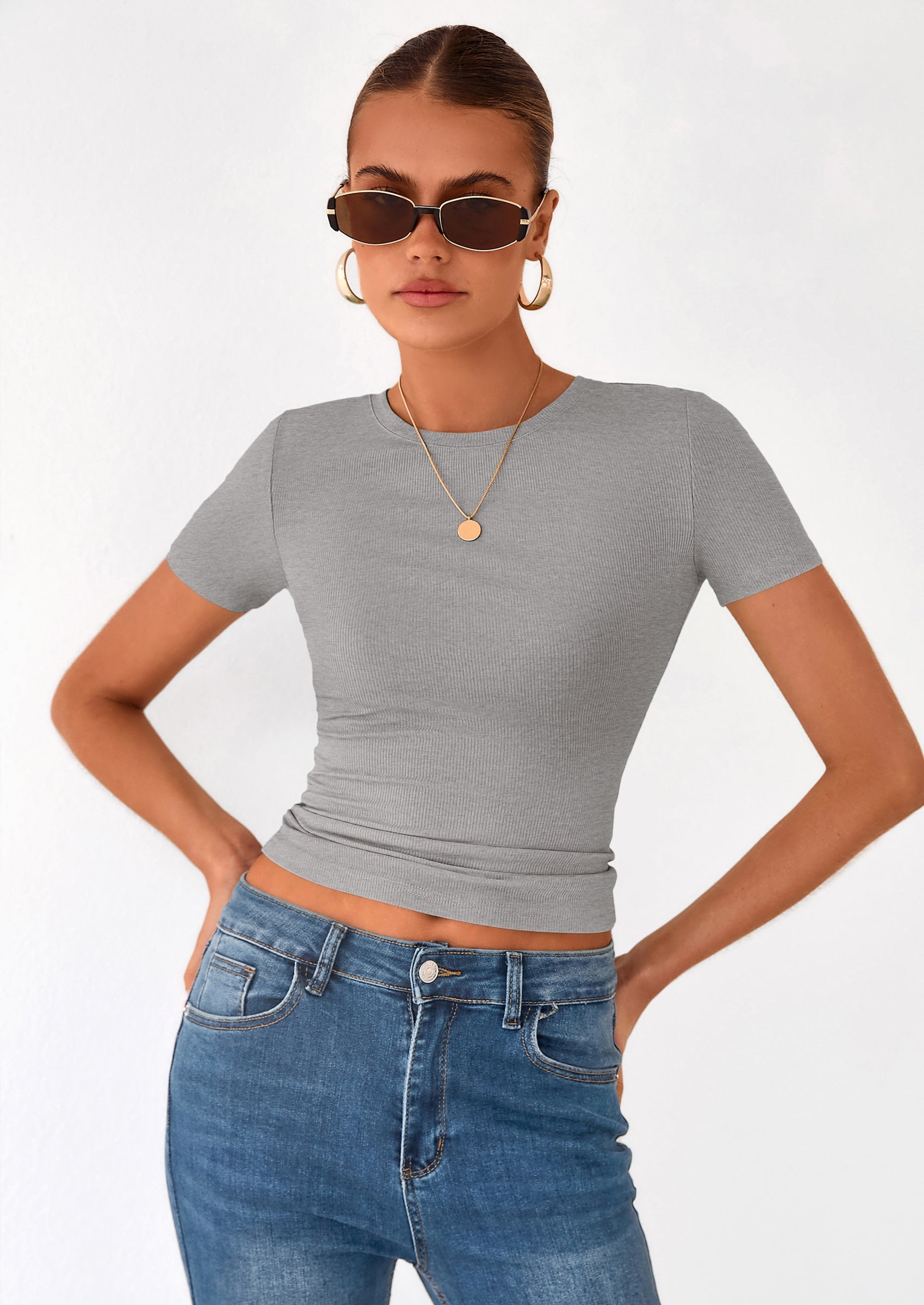 PRETTYGARDEN Women Summer Crew Neck Short Sleeve Tops Ribbed Knit Slim Fit Fashion Basic Tee Shirts Casual Going Out Top PRETTYGARDEN