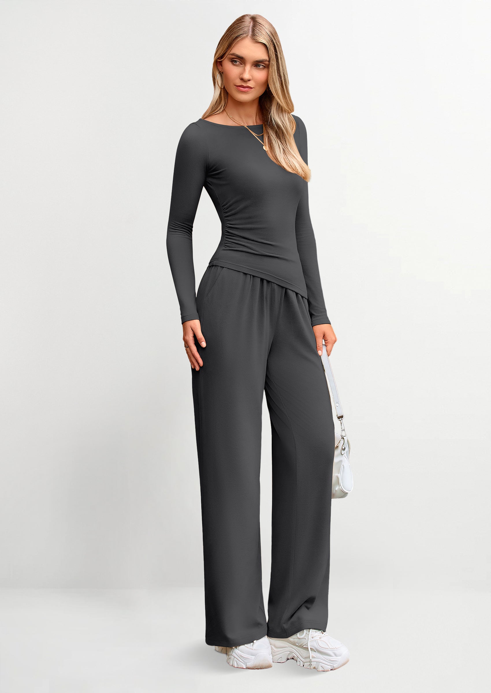 PRETTYGARDEN Women's 2 Piece Lounge Sets Asymmetrical Long Sleeve T Shirt Wide Leg Pants Casual Outfits Tracksuit