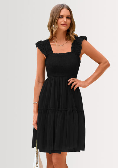 PRETTYGARDEN Womens Trendy Mini Summer Dresses Sleeveless Tulle Ruffle Square Neck Tiered Smocked Beach Vacation Dress