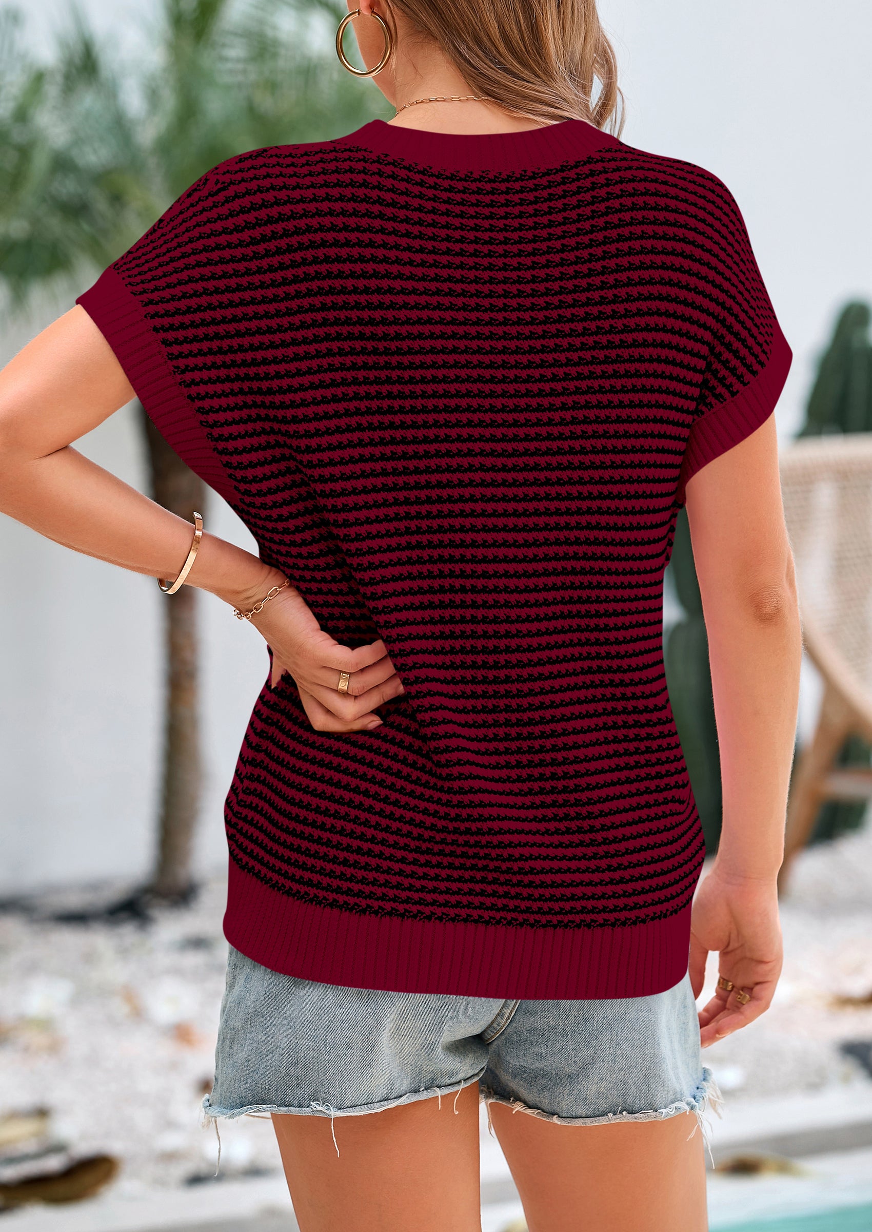 PRETTYGARDEN Womens Short Sleeve Sweater Spring Summer Round Neck Striped Pullover Cap Sleeve Knit Sweater Vest Tops