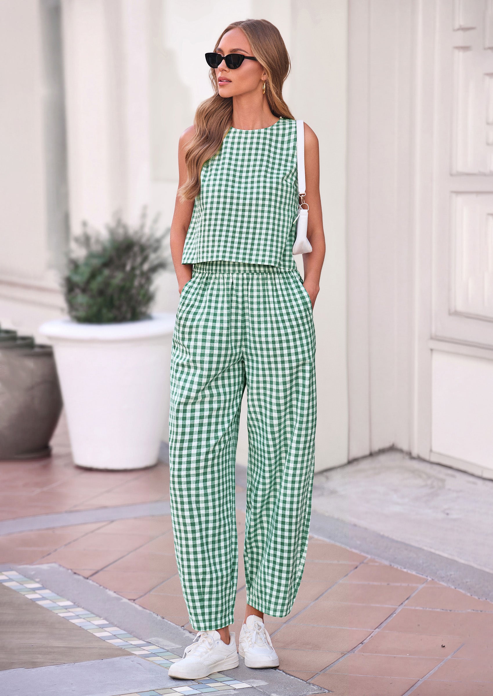 PRETTYGARDEN Womens 2 Piece Sets Summer Plaid Sleeveless Tops Wide Leg Pants Matching Lounge Set Beach Vacation Outfits
