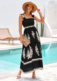 PRETTYGARDEN Womens Summer Boho Maxi Dress Casual Sleeveless Square Neck Floral Aline Smocked Beach Dresses with Pockets