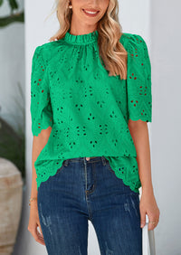 PRETTYGARDEN Womens Summer Tops Trendy Short Sleeve Eyelet Embroidered Dressy Casual Blouse Shirts