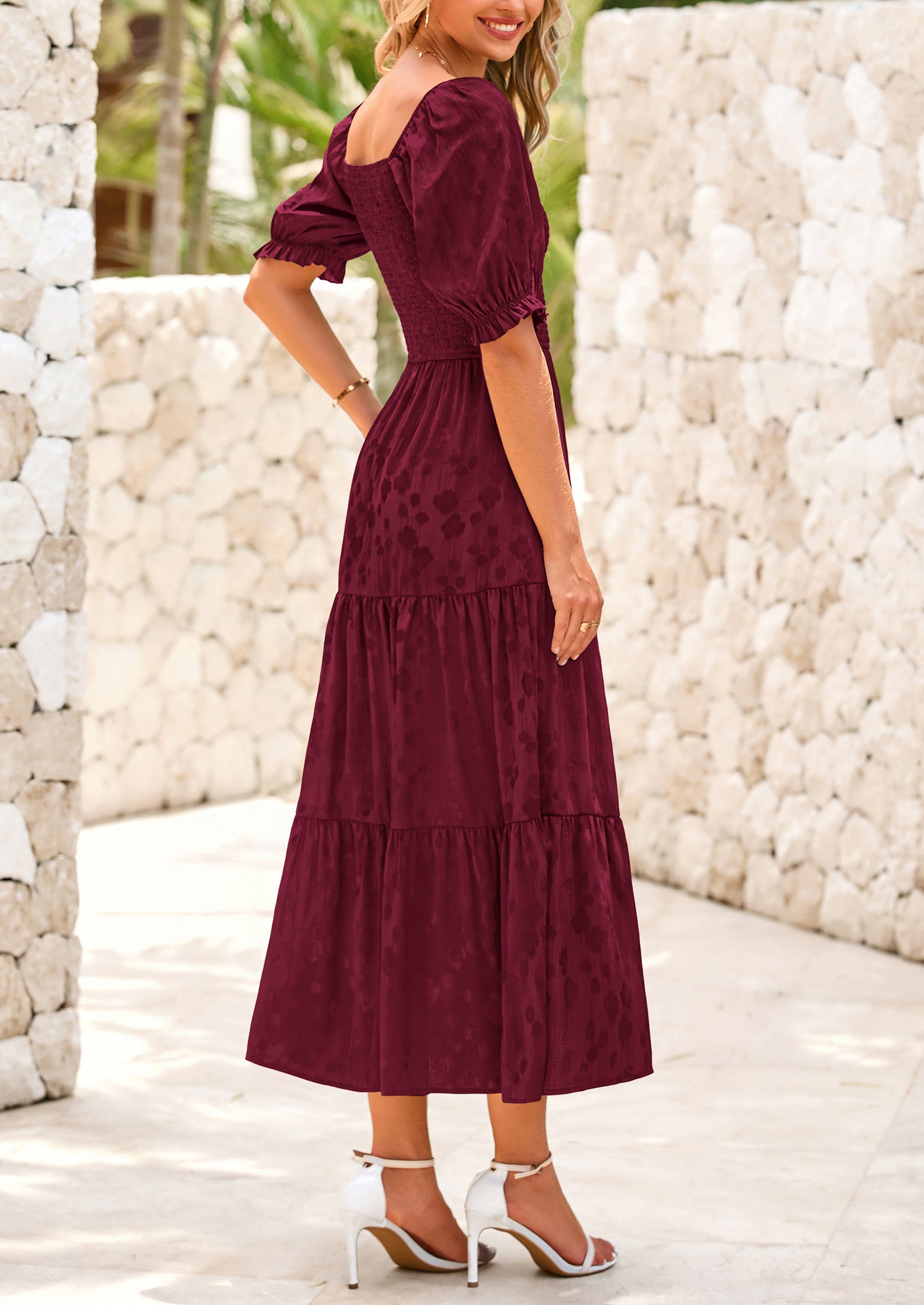 PRETTYGARDEN Women's Casual Midi Dresses Square Neck Short Sleeve Smocked A Line Floral Flowy Elegant Boho Dress