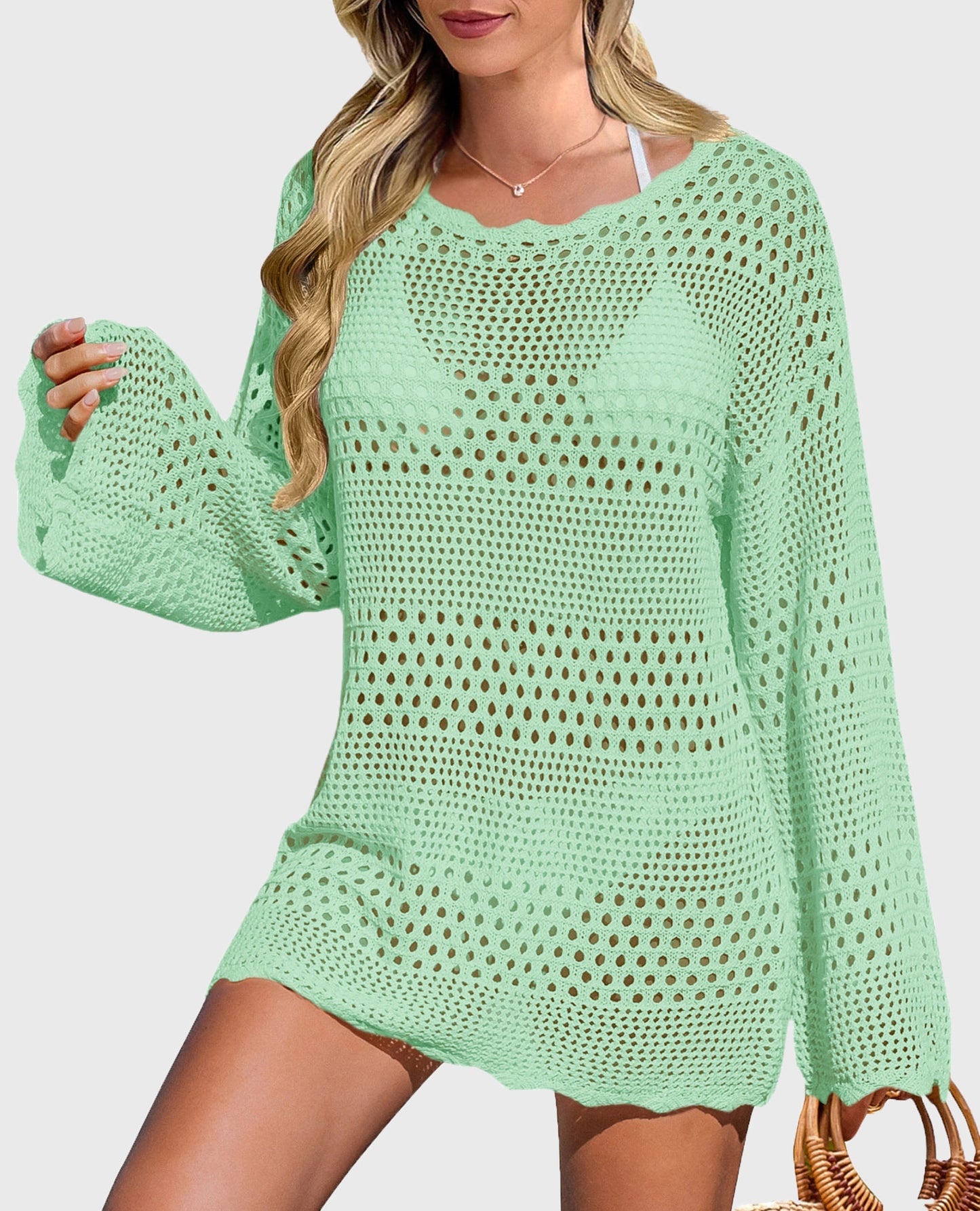 Women's Swimsuit Cover Up Long Sleeve Knit Crochet Bathing Suit Swimwear Beach Dress Summer Vacation Outfits