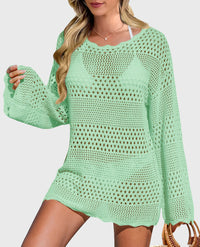 Long Sleeve Knit Crochet Bathing Beach Vacation Cover Up Dresses