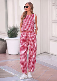 PRETTYGARDEN Womens 2 Piece Sets Summer Plaid Sleeveless Tops Wide Leg Pants Matching Lounge Set Beach Vacation Outfits