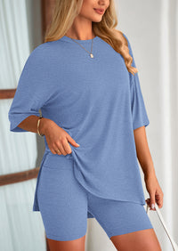 PRETTYGARDEN Women's Two Piece Lounge Set Summer Casual Oversized Shirts Biker Shorts Matching Airport Travel Outfit