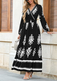 PRETTYGARDEN Women's Fall Wedding Guest Dresses Boho Floral Long Sleeve V Neck Flowy Elegant Maxi Dress Beach Clothes