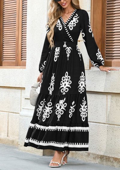 PRETTYGARDEN Women's Fall Wedding Guest Dresses Boho Floral Long Sleeve V Neck Flowy Elegant Maxi Dress Beach Clothes