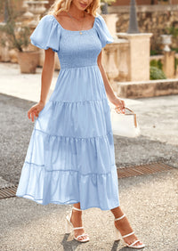 PRETTYGARDEN Women's Summer Casual Midi Dress Puffy Short Sleeve Square Neck Smocked Tiered Ruffle Dresses