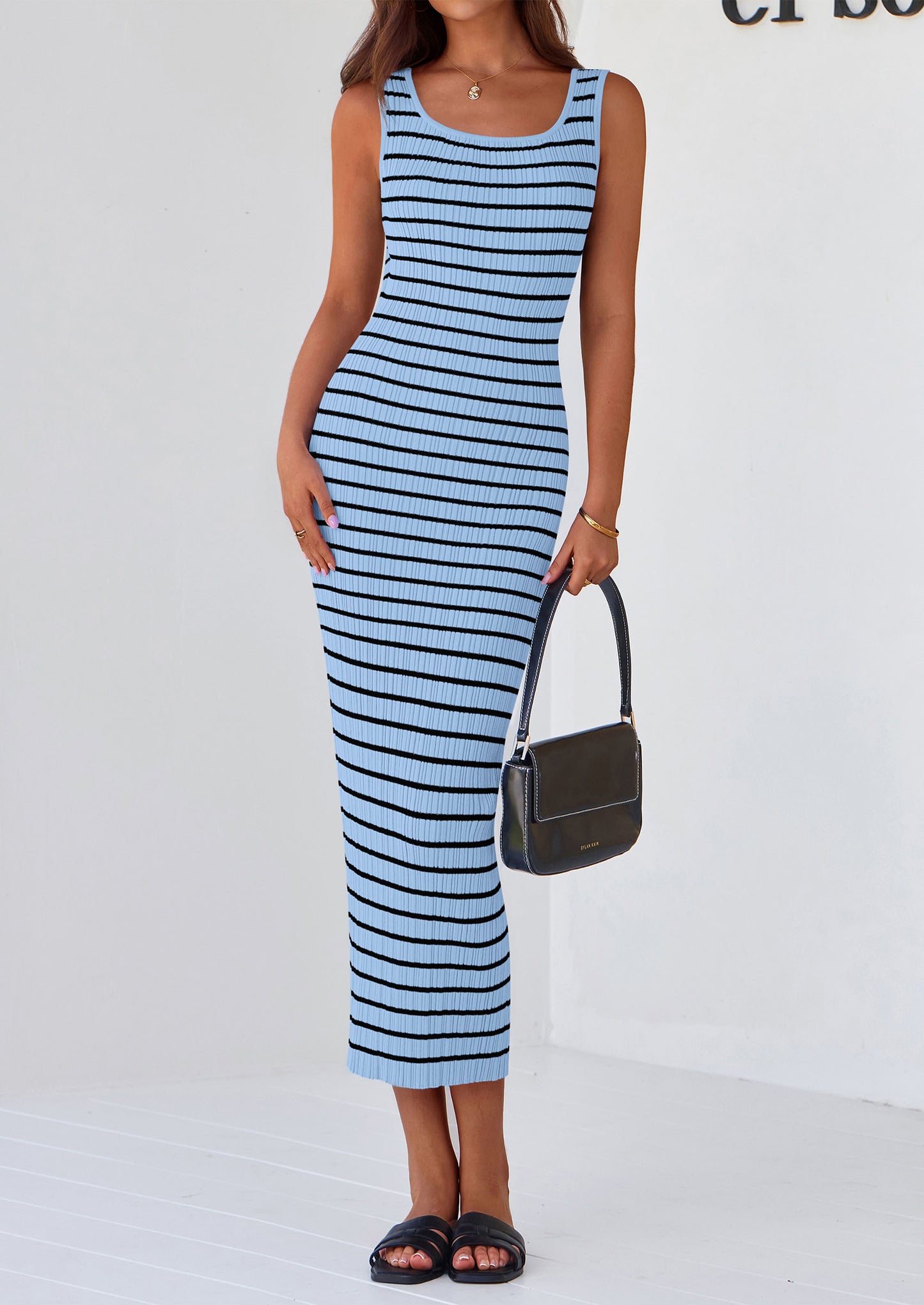 Womens Summer Tank Dress Casual Sleeveless Striped Ribbed Knit Long Dresses Beach Vacation Sundress